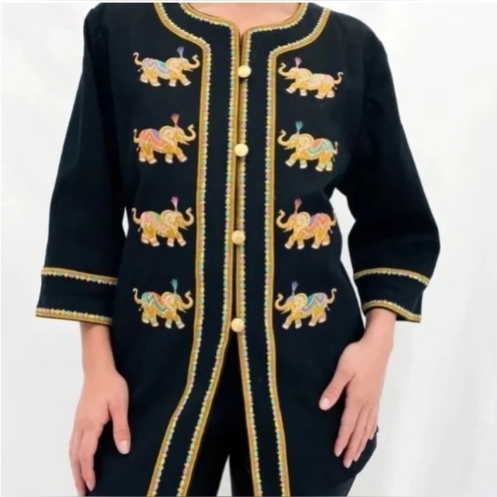 Bob Mackie Black Blazer with Gold and Multicolor Elephant Embroidery